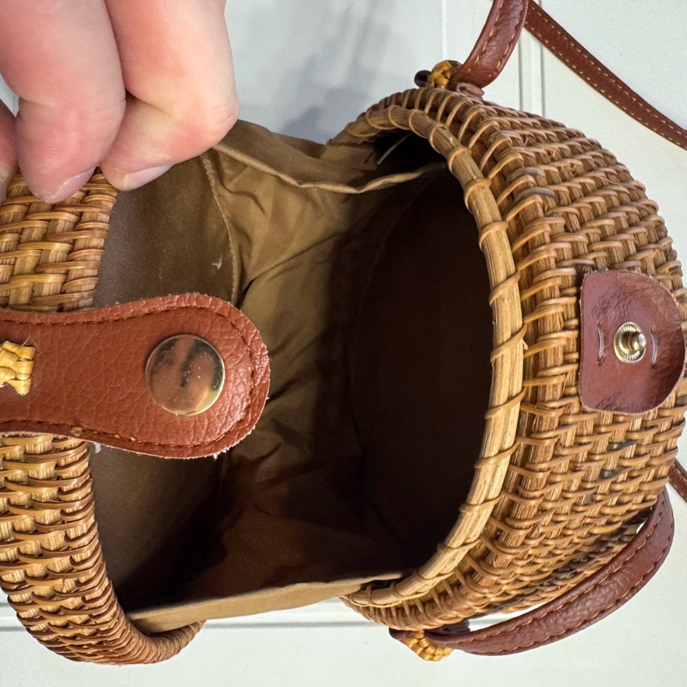 Wicker Picnic Basket Round Purse Crossbody Bag 7” Boho Cottagecore - Picture 5 of 6